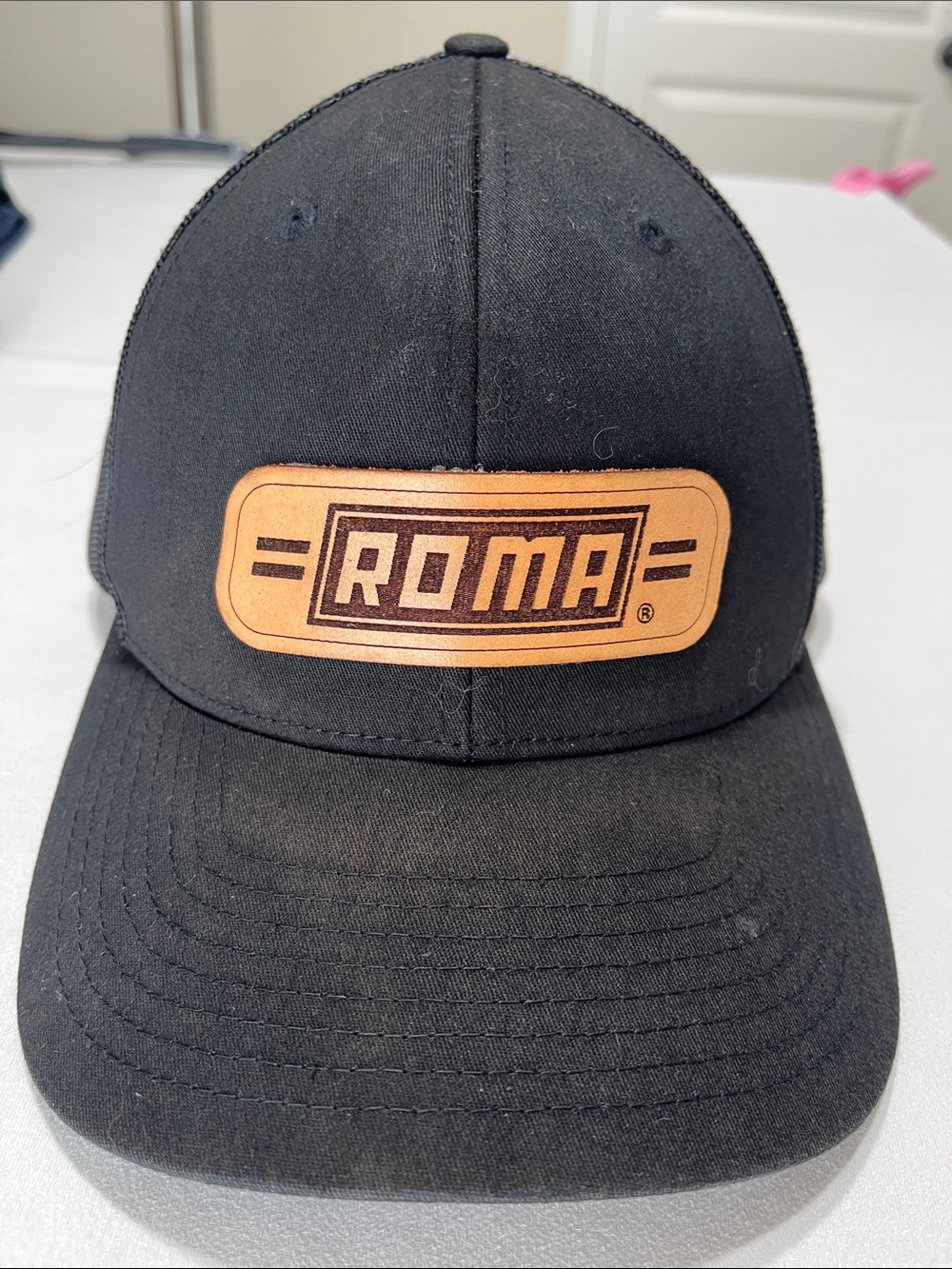 Richardson 112 ROMA Leather Patch Mesh Snapback Trucker Hat Black